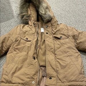 Boy Tan Hooded Parka with Faux Fur Trim
